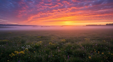 燃えるような夕焼けが霧立ち込める広大な草原を幻想的に照らす鮮やかな橙や赤のグラデーションが空を彩り静寂の中に神秘的な美が広がるドラマチックな光景. AI Generated