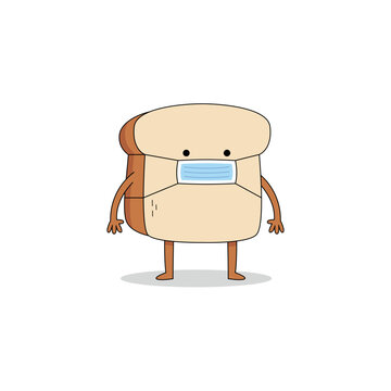 Cute bread slice cartoon character wearing a medical mask doodle
