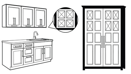 A detailed illustration of various kitchen cabinet designs and styles