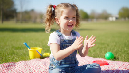 Caucasian little girl clapping to rhythm on picnic blanket in park, playful activity and childhood joy outdoors