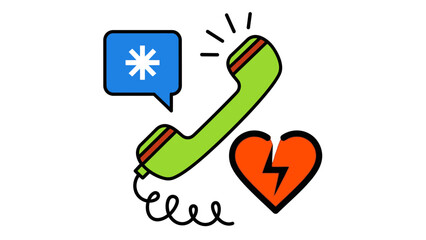 A cartoon illustration of a green telephone with a broken heart and speech bubble