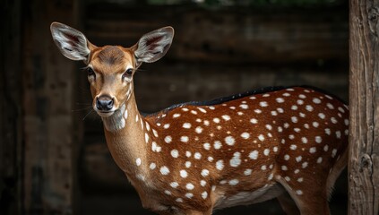 Lovely Axis axis in a wooden pen; they have reddish-brown fur with large white spots and a dark stripe on their back