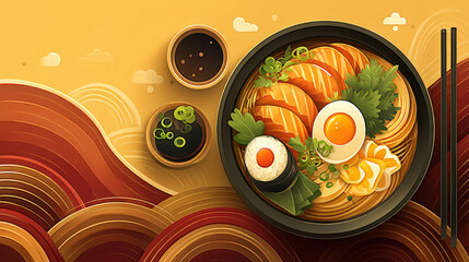 Obraz premium A illustration of Japanese food like sushi and ramen