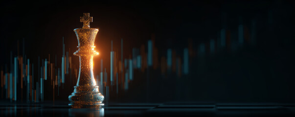 Chess king piece with glowing light and financial graph background symbolizing strategy and success in business