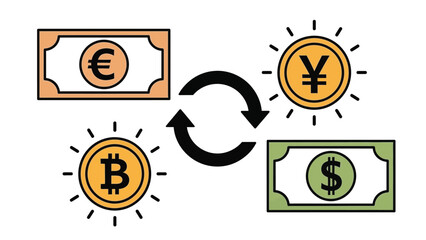 A graphic illustration of currency exchange between Bitcoin and traditional money