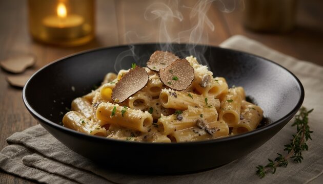 A warm bowl of creamy truffle rigatoni pasta presented with aromatic herbs and delicate garnish highlighting rich comfort food appeal in an inviting culinary atmosphere