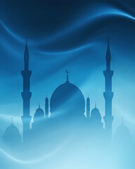 Silhouetted mosque structure against vivid blue waves of abstract flowing fabric