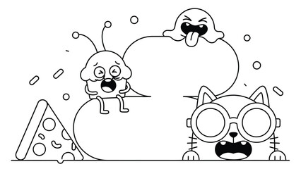 A cartoon illustration of a cat and two creatures reacting to pizza