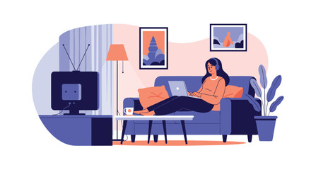 Young woman sitting on a comfortable blue couch wearing headphones and using a laptop in a cozy room.