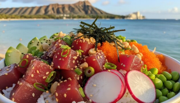 Close up of Hawaiian Ahi Poke Bowl with rice tuna radish avocado masago edamame seaweed Diamond Head background