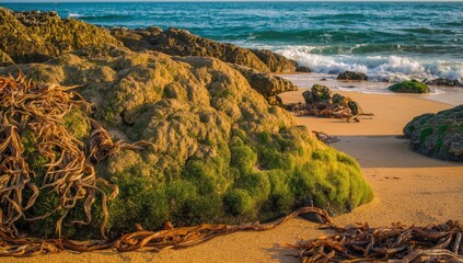 Large stones covered in moss and seaweed on a wild yellow sand beach in June by the Black Sea
