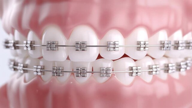 Closeup Smile Teeth Braces Metal Brackets Wires Orthodontic Treatment