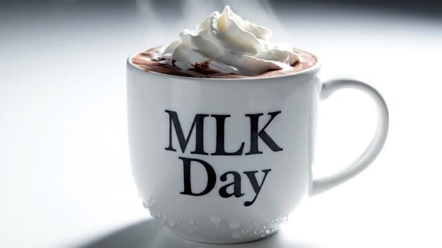 A white ceramic mug with the text 'MLK Day' printed on it sits on a table, filled with a steaming hot beverage. 