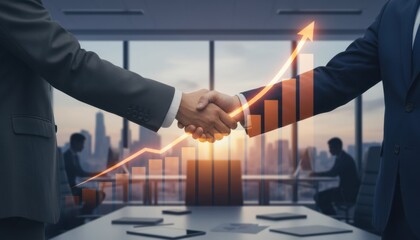 Two business people shaking hands in a modern office with an overlay of a financial bar chart and upward trending line