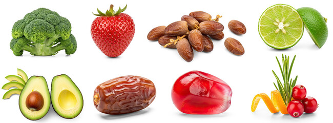 A variety of fruits and vegetables arranged on a white background.