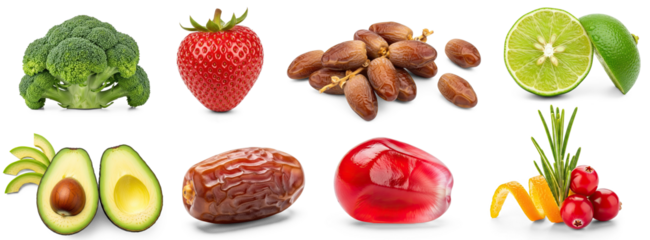 A variety of fruits and vegetables arranged on a white background.