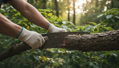 Obraz premium Close up of hands wearing white protective gloves using a hand saw to cut a thick tree branch, producing sawdust in a green forest environment