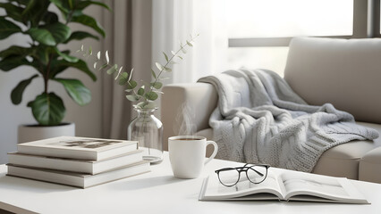 Cozy living room scene with books and coffee on a white coffee table