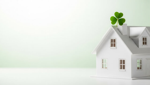 Architectural house model with shamrock on roof, real estate planning and Saint Patrick&rsquo;s Day symbolism