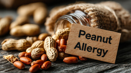 Chaotic scene of spilled peanuts next to a "Peanut Allergy" warning sign, allergic reaction concept