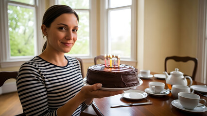 Woman holding chocolate birthday cake with candles in dining room with table set for tea