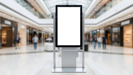 Digital signage display stand in modern shopping mall interior