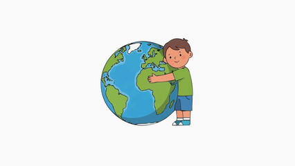 Young boy hugging the Earth with a smile on his face