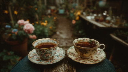 Fototapeta premium Couple drinking tea from delicate cups in a garden