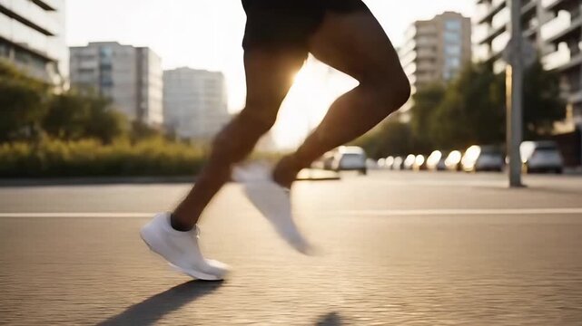 Close up of runner legs jogging on city pavement showing motion cardio training and modern active lifestyle