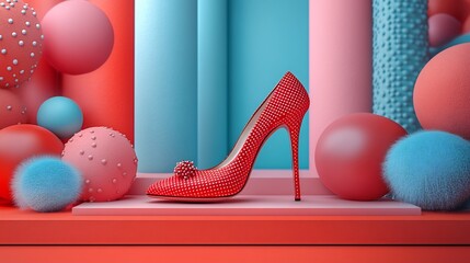 Runway inspired fashion card with bold statement heels arranged with designer accessories and spotlight lighting showcasing creativity and couture