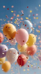 Balloons float amidst falling confetti under a clear blue sky