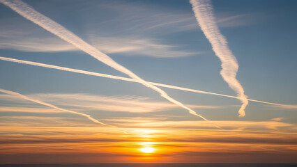 Beautiful sunset with contrail in the blue sky with orange and yellow clouds