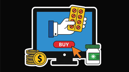 A cartoon illustration of a computer screen with a hand holding pills and a buy button
