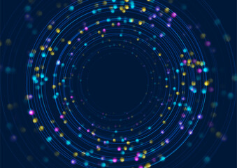 Abstract glowing data circles and particles forming a neural network on dark blue background. Vector technology design