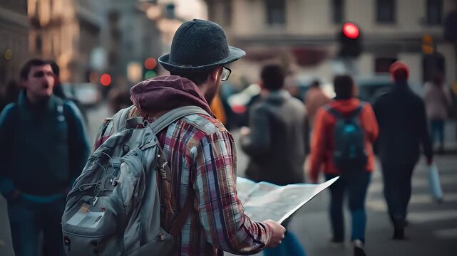 A man in a plaid shirt and hat is engrossed in reading a map on a city street. He is wearing a backpack and has a focused expression on his face.