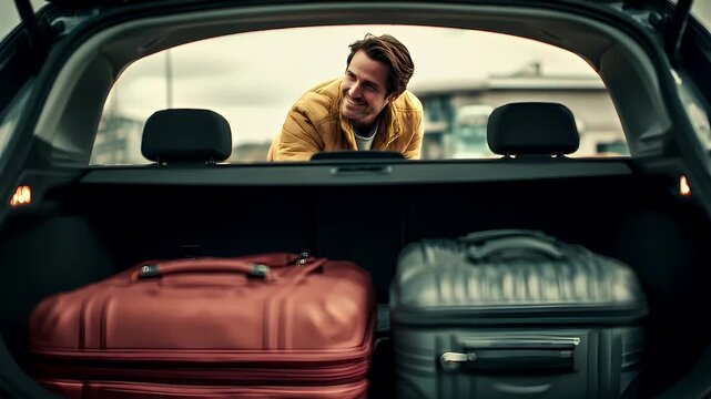 A man in a yellow jacket is seated in the back of a car, looking out of the window. The cars trunk is open, revealing a red suitcase and two black suitcases.