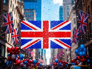 A large union jack flag hangs over a city street with confetti and balloons