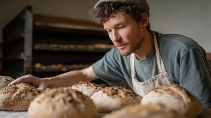A young man wearing a grey t-shirt and a beige apron, working in a bakery. he is standing in front of a wooden table with several freshly baked breads on it.