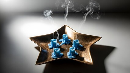 Blue game pieces on a star shaped gold dish with smoke rising
