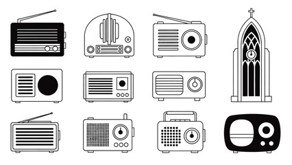 A collection of vintage and modern radios in various colors and designs