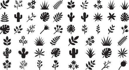 Collection of various plant silhouettes including cacti and tropical leaves on white