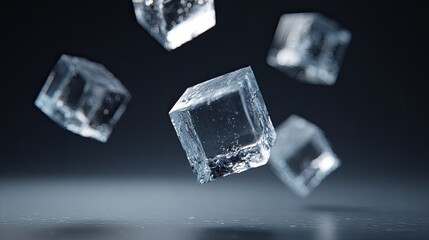 Ice cubes suspend, glistening, over a reflective dark surface