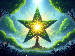 A magical star shaped tree with a glowing light in the forest