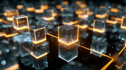 Futuristic Data Cubes Illuminated in Orange with Network Concept, and Abstract Technology.