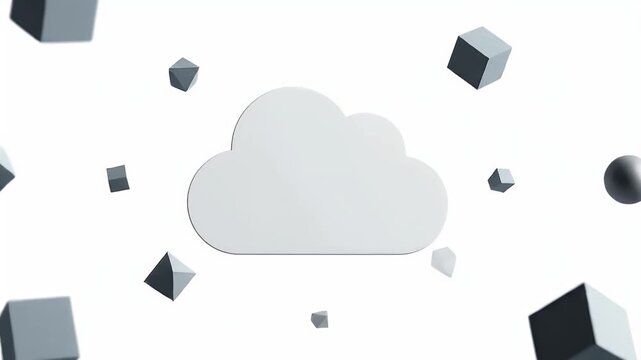 Dynamic cloud computing concept with 3D shapes floating around