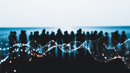 Conceptual Silhouettes of People Over Glowing Digital Data Wave, Technology and AI