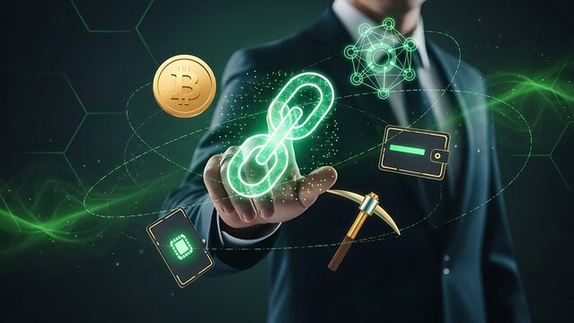Businessman interacting with blockchain and cryptocurrency icons in green bitcoin digital currency - Powered by Adobe