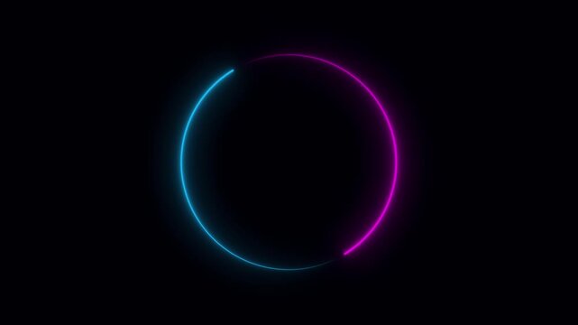 Bright neon circular line frame repetitive animation on black background. Neon light trail circle- Gradient neon circle frame loading icon animation. Cyan circle glow border concept blinking lines.