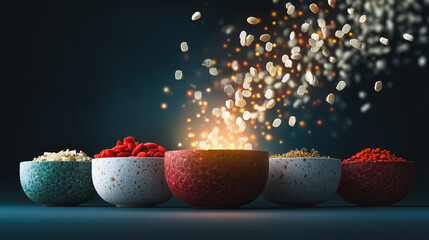 Dynamic Superfood Explosion: Assortment of Healthy Grains, Seeds, and Goji Berries in Glowing Bowls on Dark Background