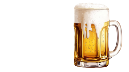 Golden Brew: A frosty mug overflows with a golden, effervescent ale, its frothy head cascading down the sides, offering a refreshing and inviting appeal.